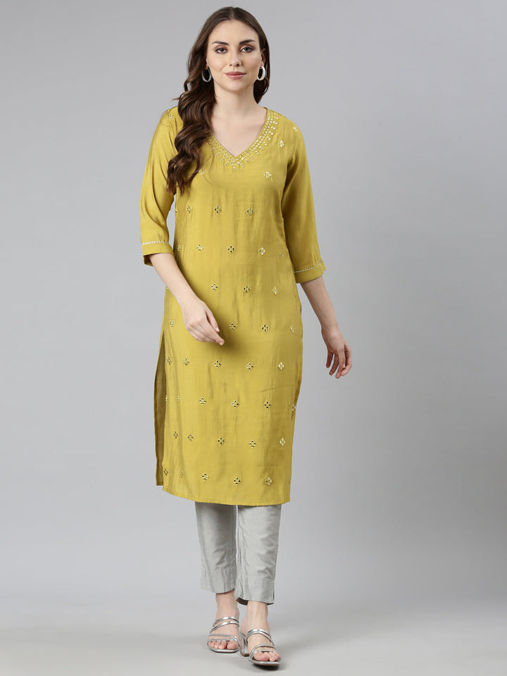Neerus Green Rayon Embellished Straight Kurti - detail view 1
