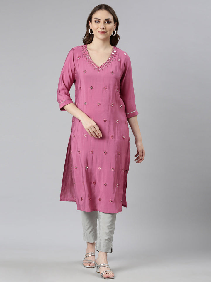 Neerus Pink embellished straight panelled kurti - front view