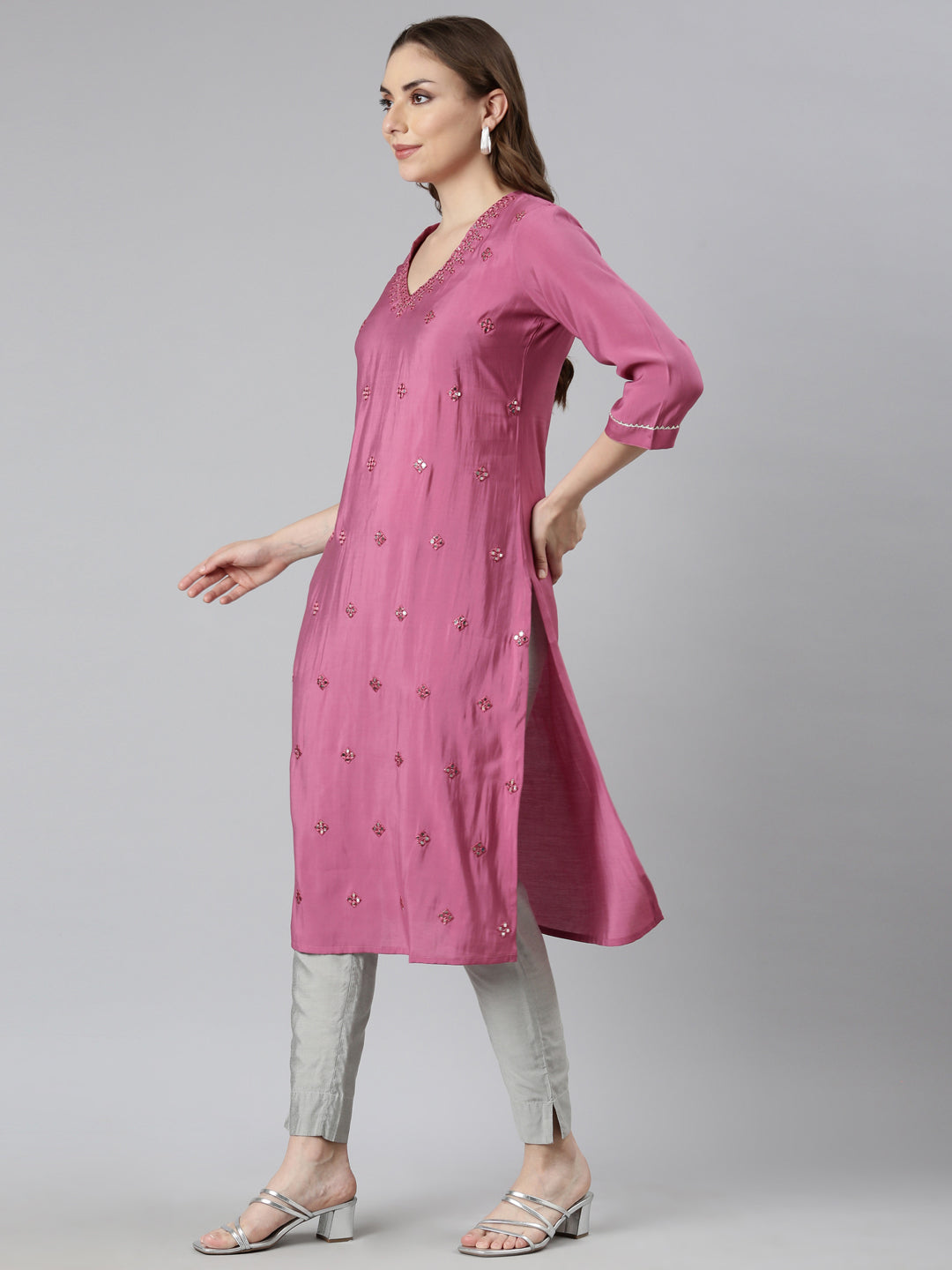 Neerus Pink embellished straight panelled kurti - back view