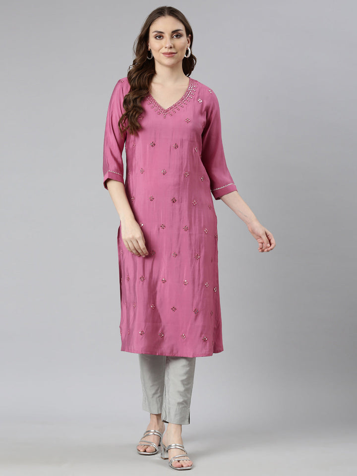 Neerus Pink embellished straight panelled kurti - detail view 1