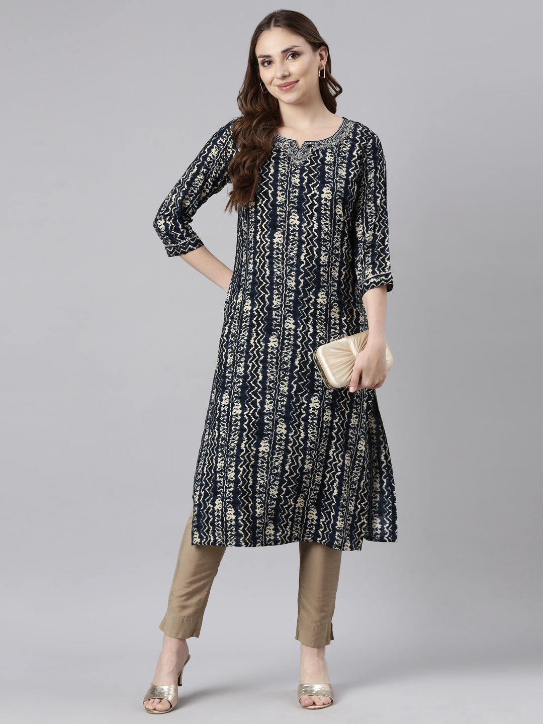 Neerus Blue printed chevron straight kurti - detail view 1