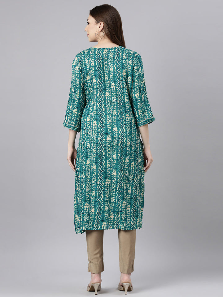 Neerus Green printed straight kurti chevron pattern - side view