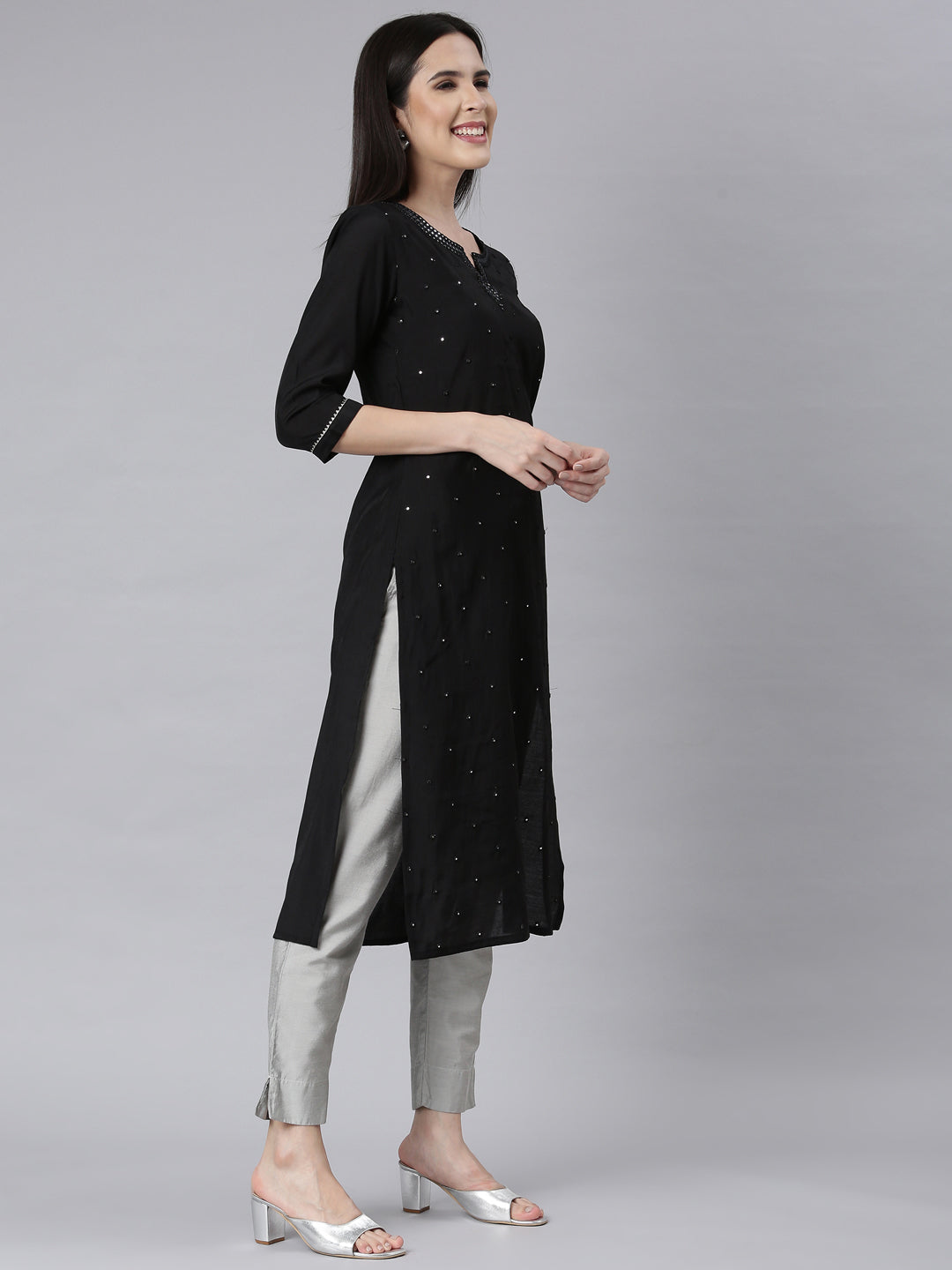 Neerus Black shantoon embellished straight kurti - back view