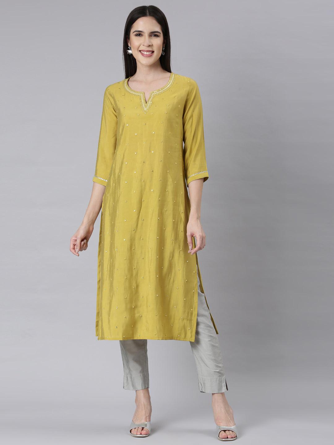 Neerus Green Shantoon embellished straight kurti - front view