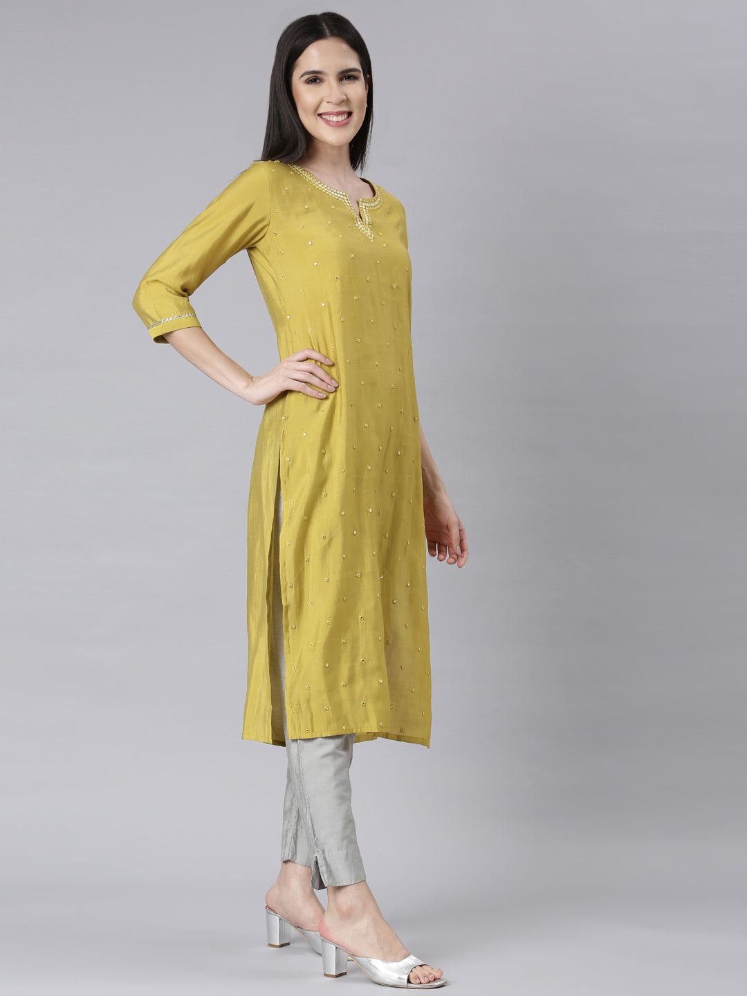 Neerus Green Shantoon embellished straight kurti - back view