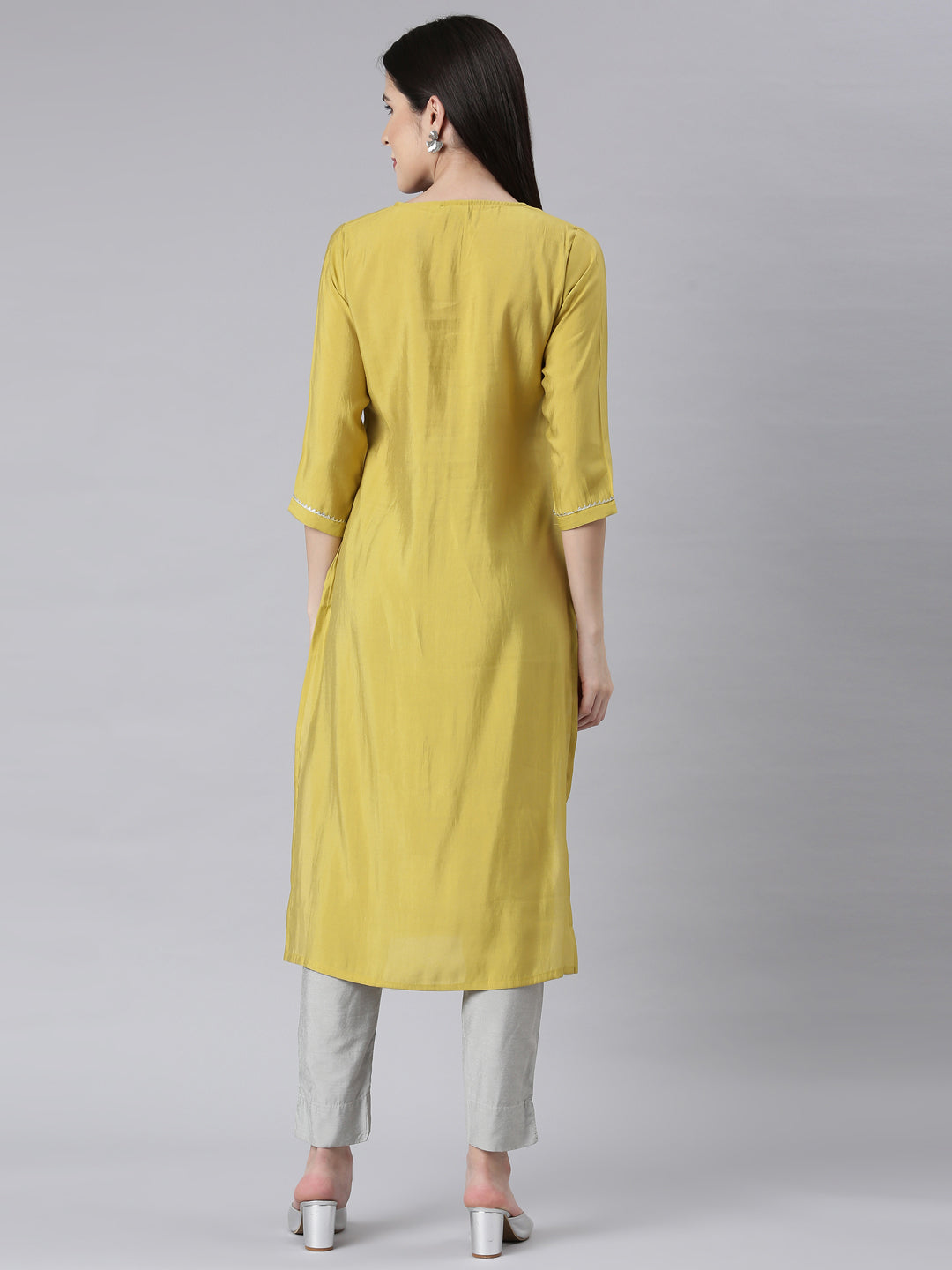 Neerus Green Shantoon embellished straight kurti - side view