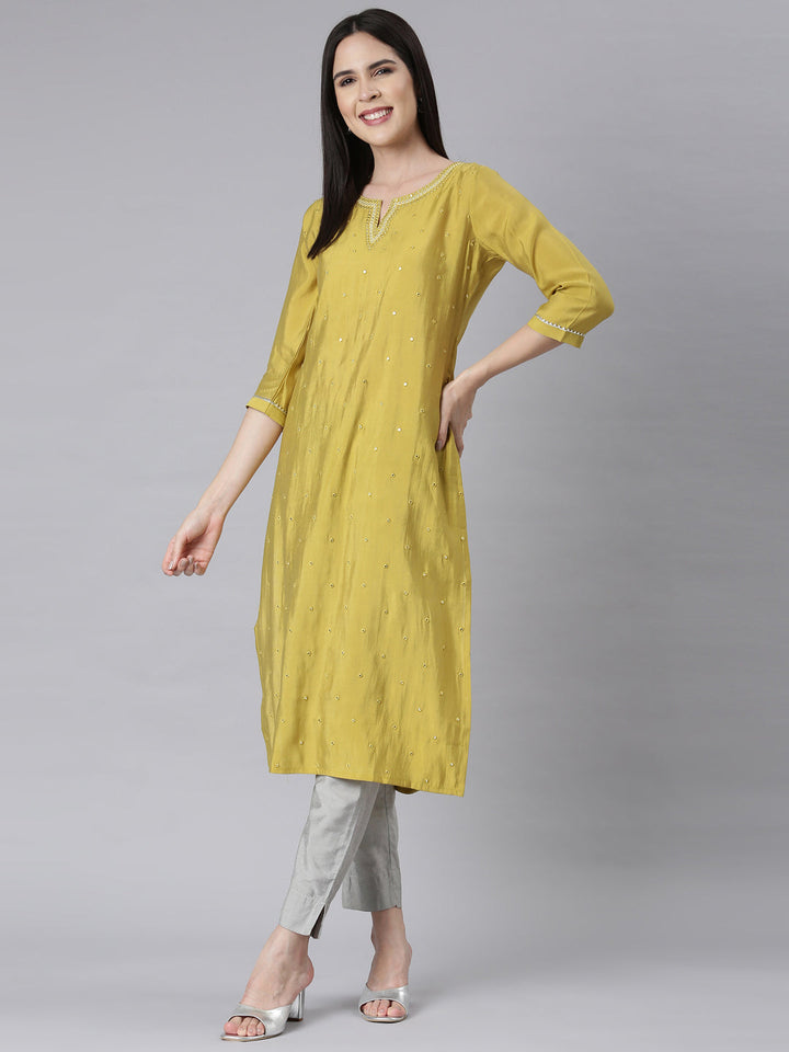 Neerus Green Shantoon embellished straight kurti - detail view 1