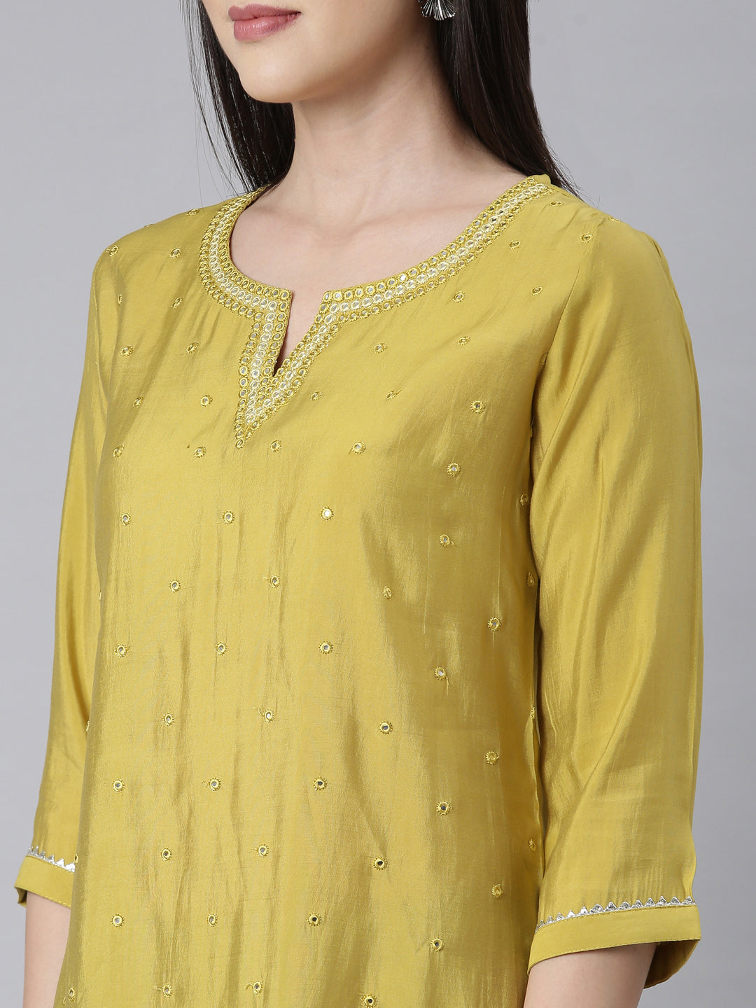 Neerus Green Shantoon embellished straight kurti - detail view 2