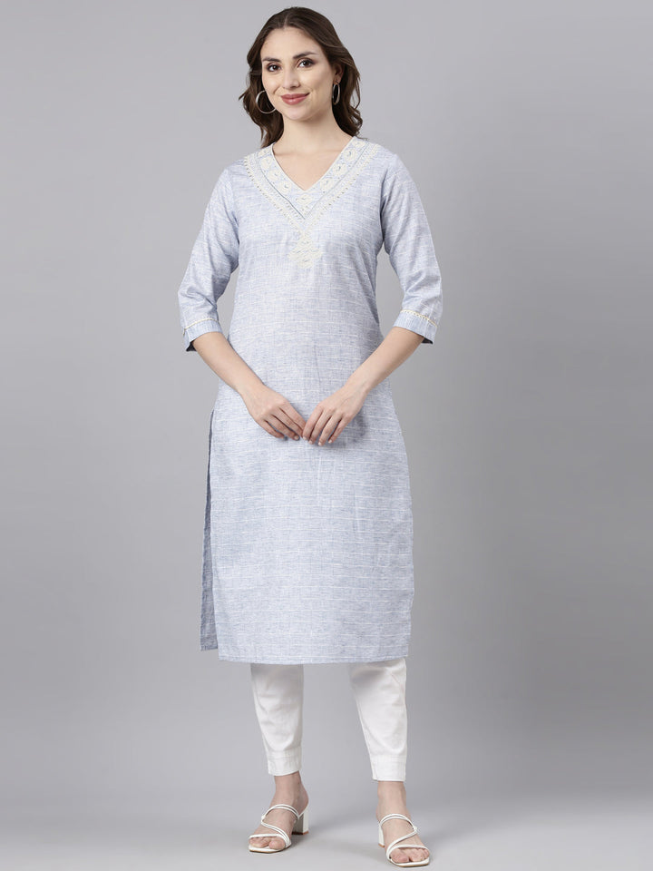 Neerus Blue cotton checked straight kurti - front view