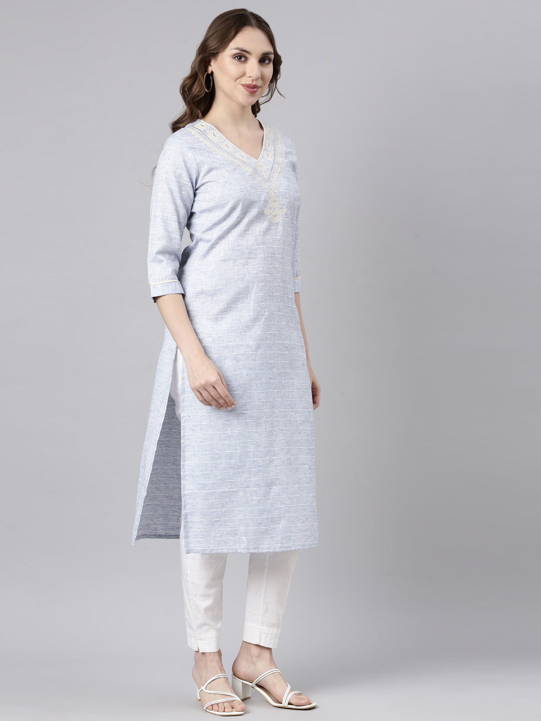 Neerus Blue cotton checked straight kurti - back view