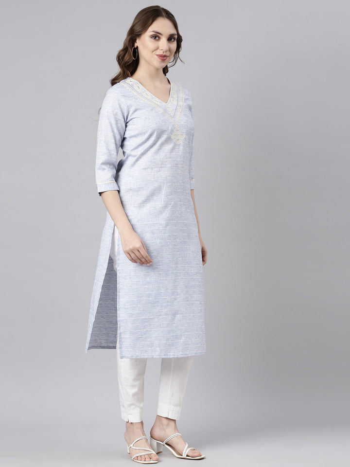 Neerus Blue cotton checked straight kurti - back view
