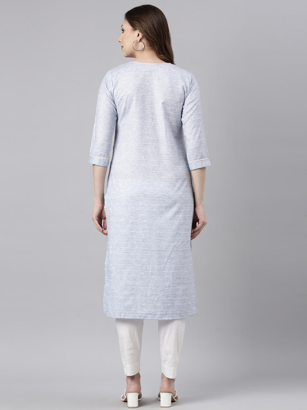 Neerus Blue cotton checked straight kurti - side view