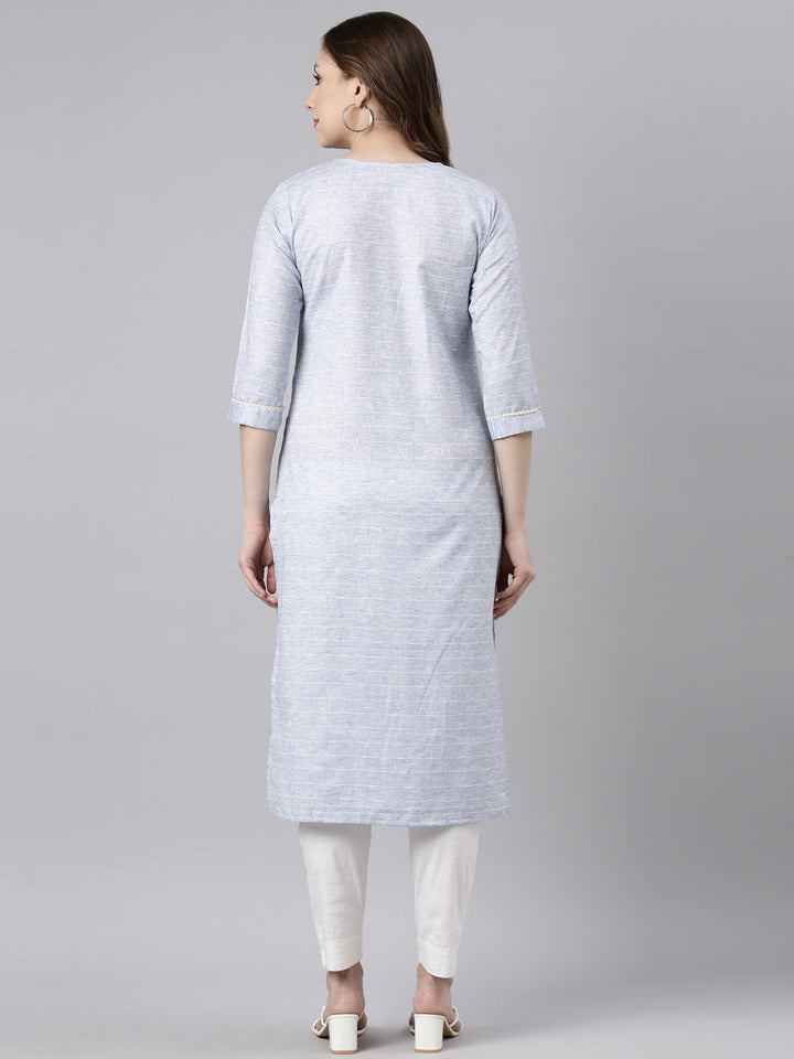 Neerus Blue cotton checked straight kurti - side view