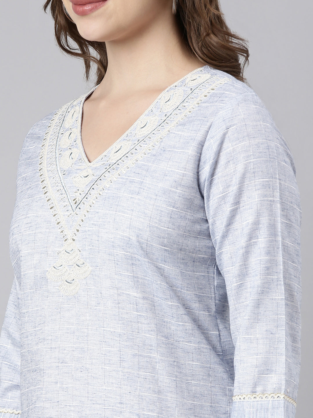 Neerus Blue cotton checked straight kurti - detail view 1