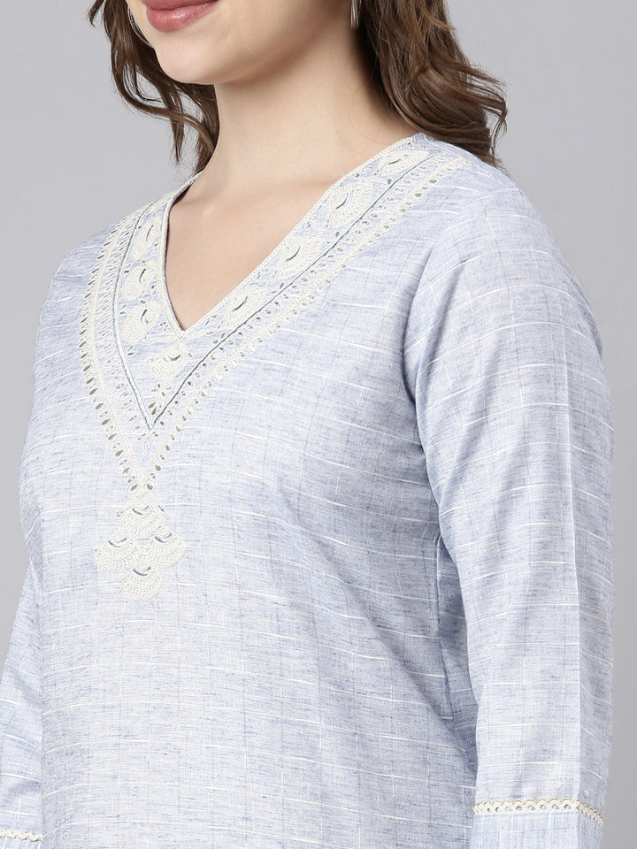 Neerus Blue cotton checked straight kurti - detail view 1