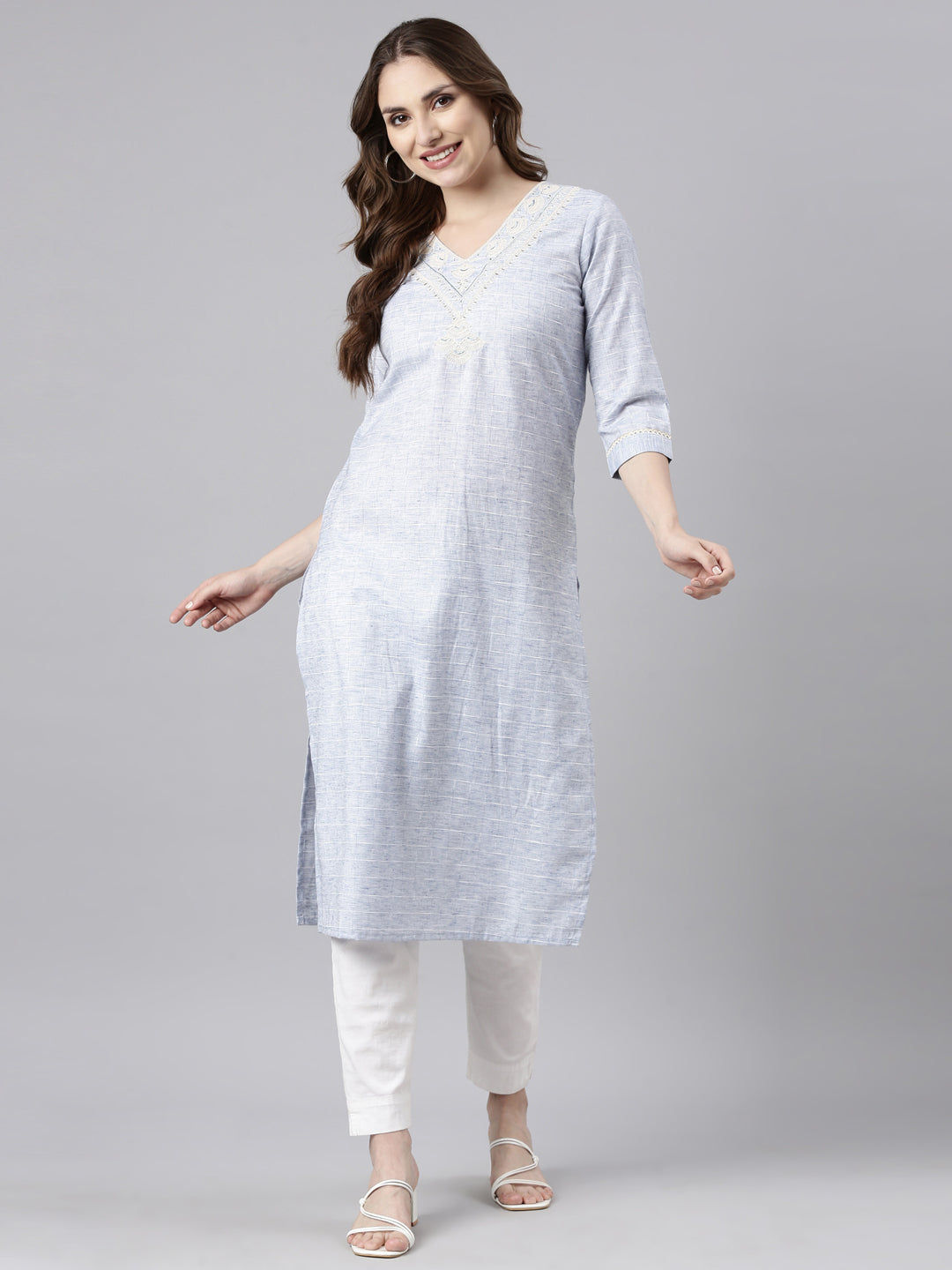 Neerus Blue cotton checked straight kurti - detail view 2
