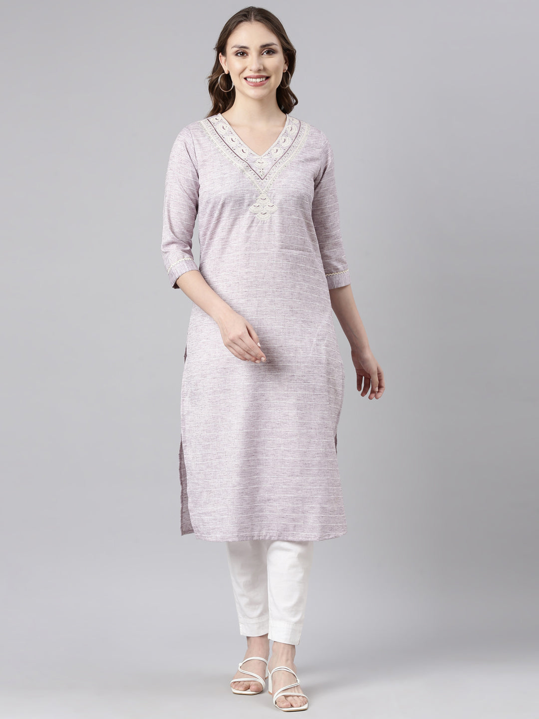 Neerus Grey cotton printed straight kurti - front view
