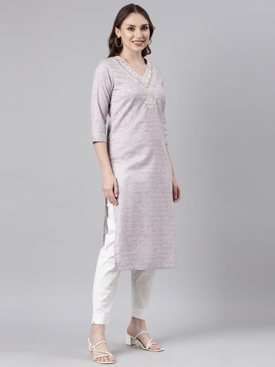 Neerus Grey cotton printed straight kurti - back view