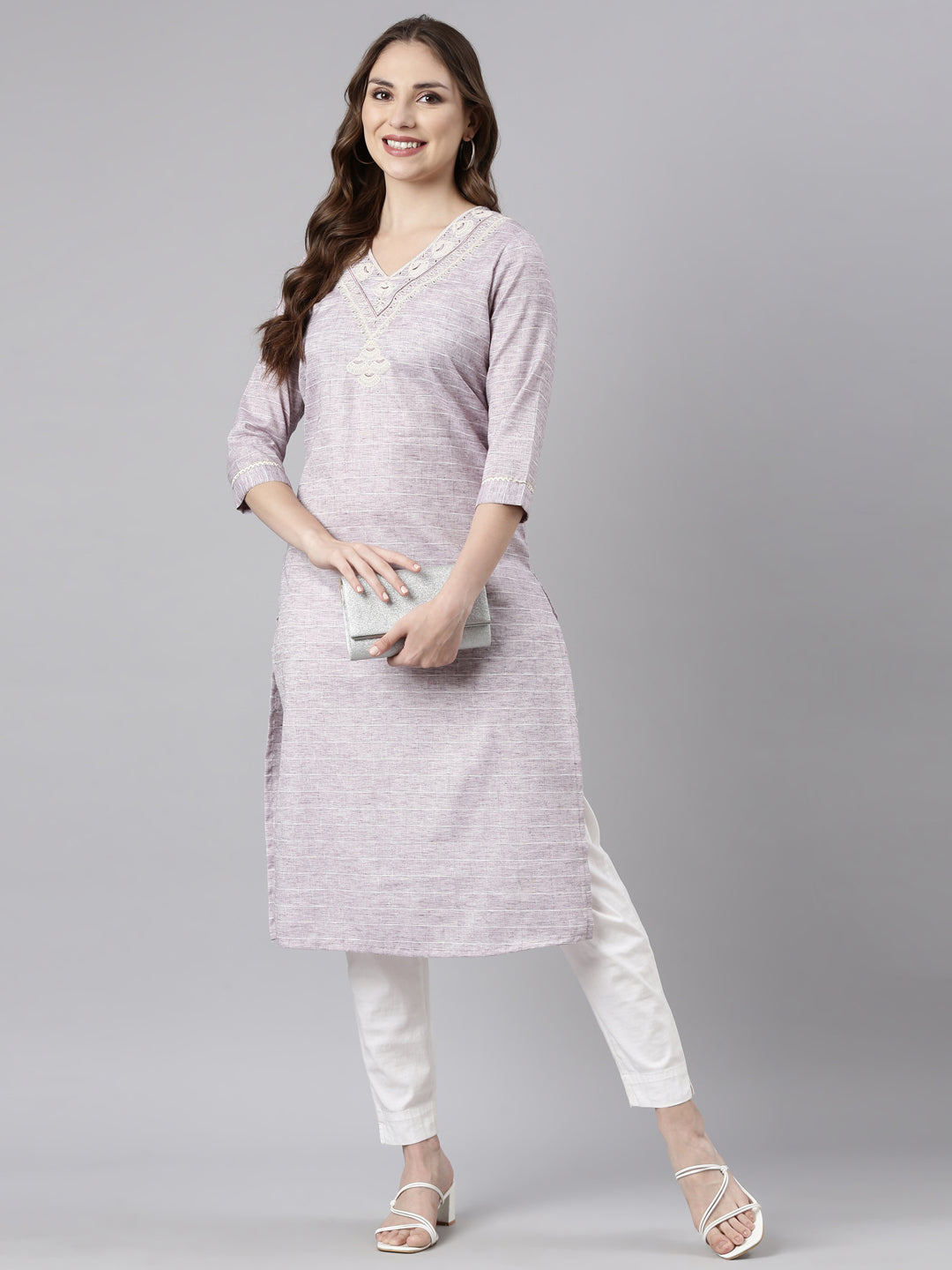 Neerus Grey cotton printed straight kurti - detail view 2
