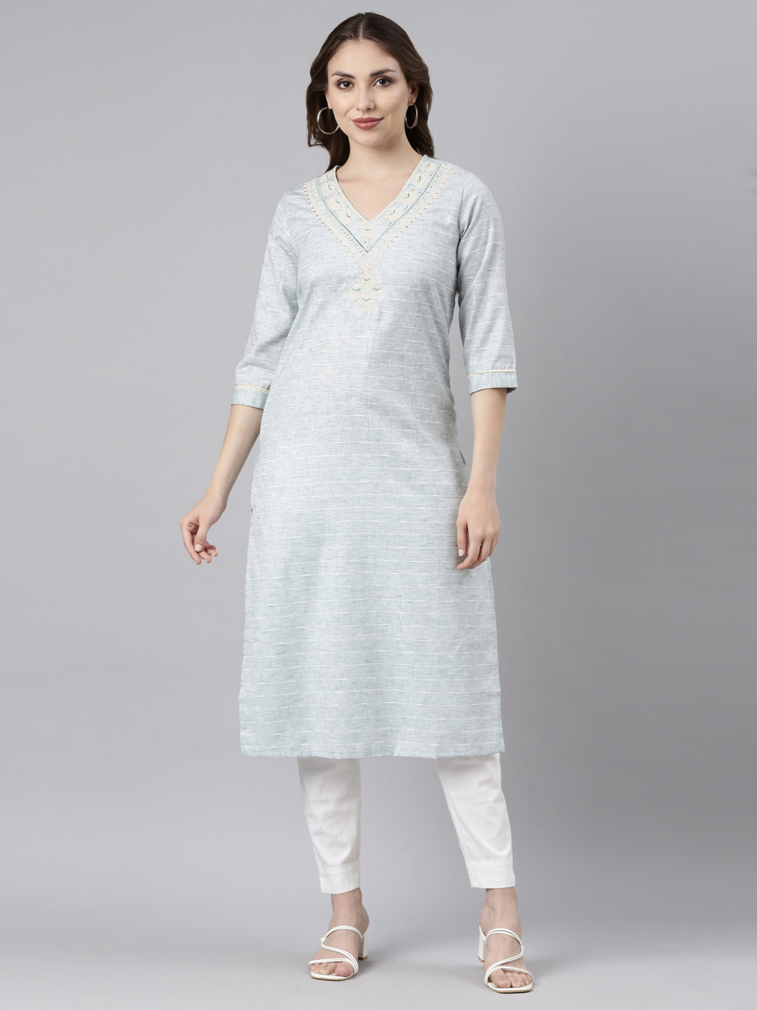 Neerus Green cotton printed straight kurti - front view