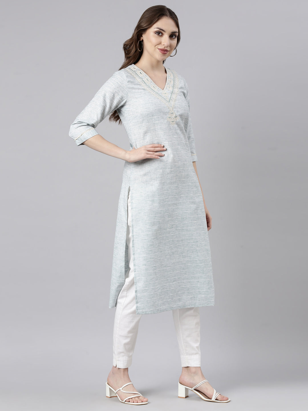 Neerus Green cotton printed straight kurti - back view