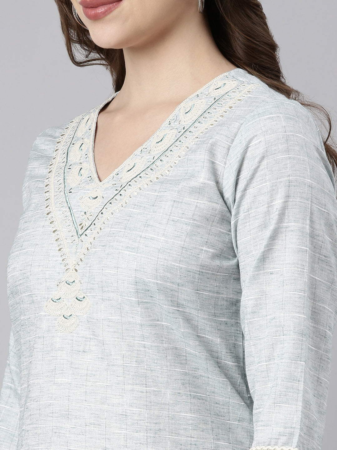 Neerus Green cotton printed straight kurti - detail view 1