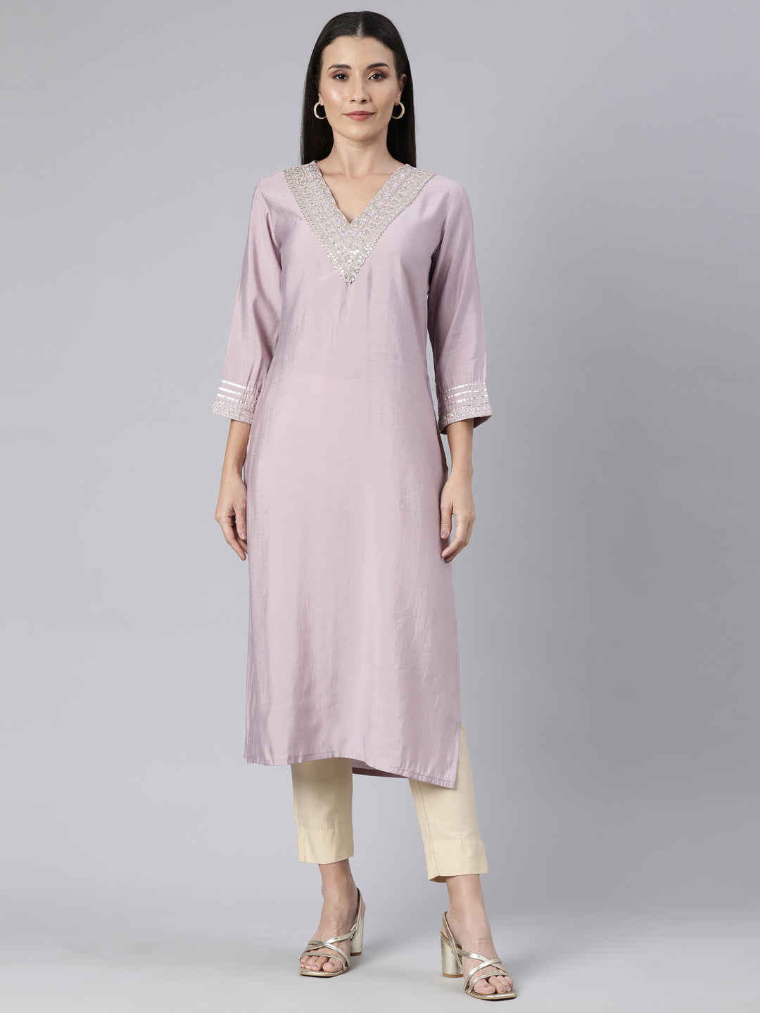 Neerus Purple raw silk solid straight kurti - front view
