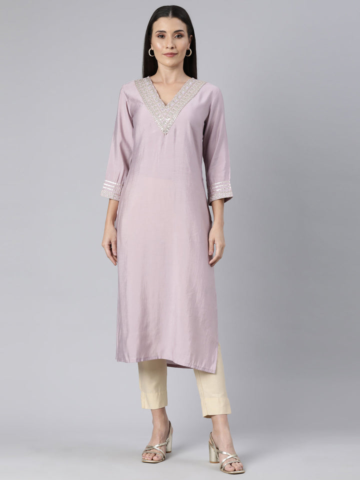 Neerus Purple raw silk solid straight kurti - front view