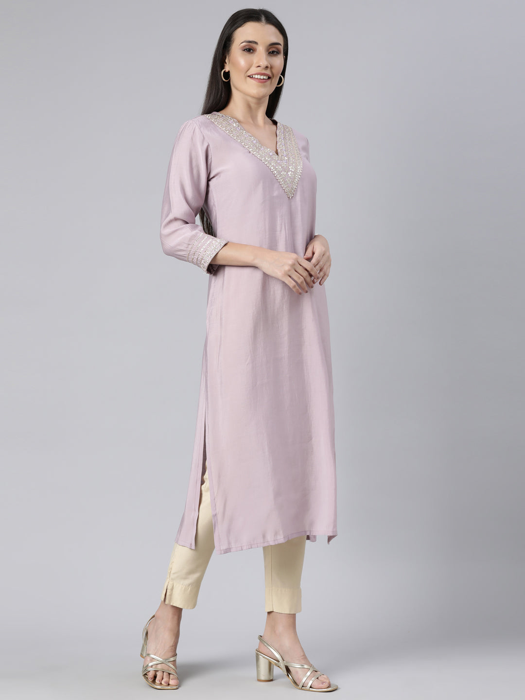 Neerus Purple raw silk solid straight kurti - back view