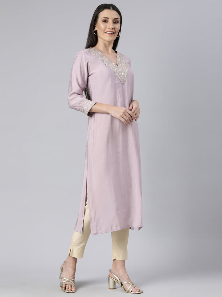 Neerus Purple raw silk solid straight kurti - back view