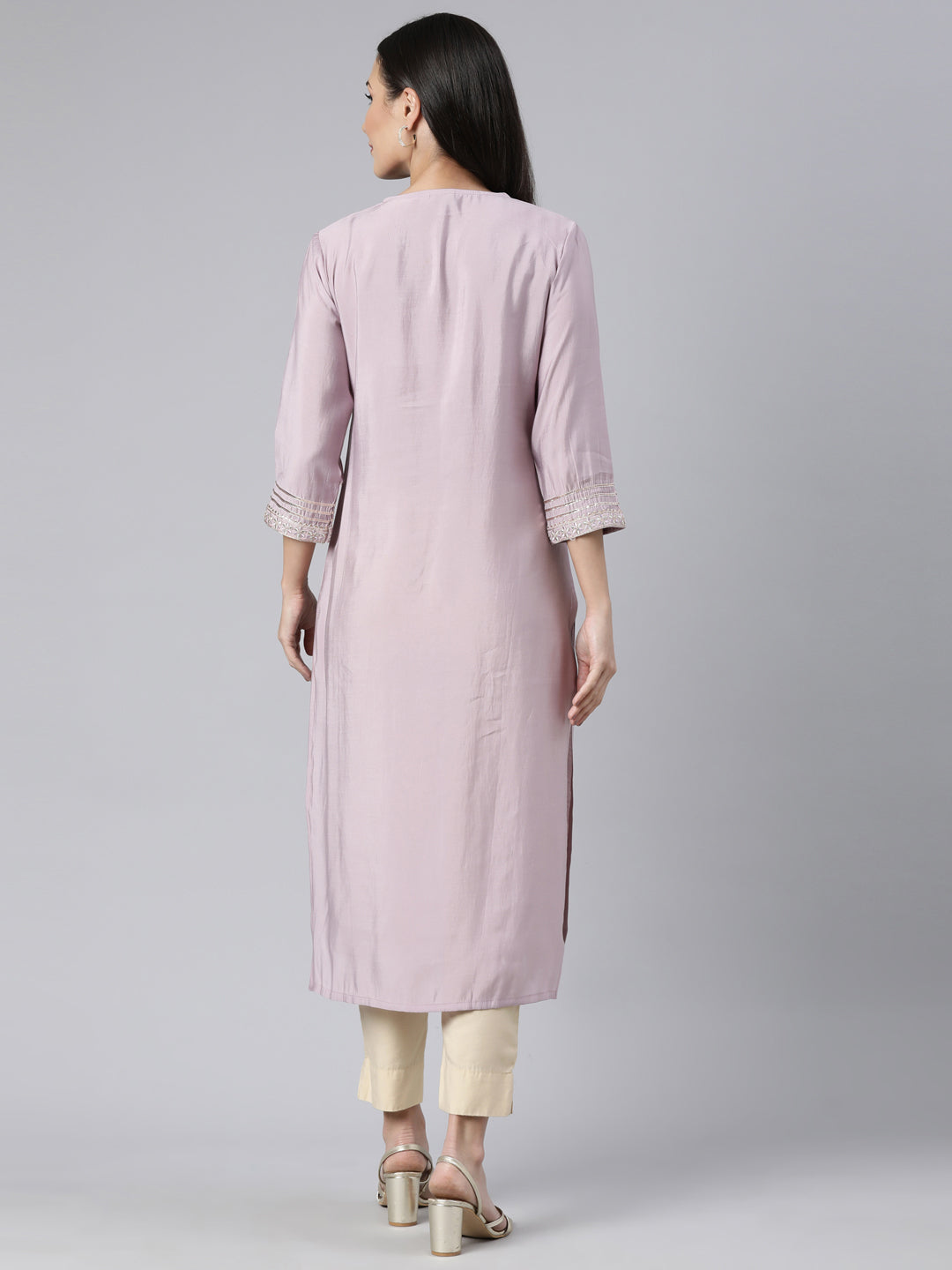 Neerus Purple raw silk solid straight kurti - side view
