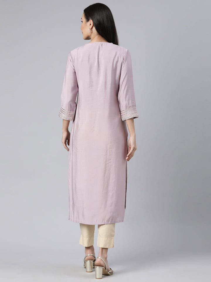 Neerus Purple raw silk solid straight kurti - side view