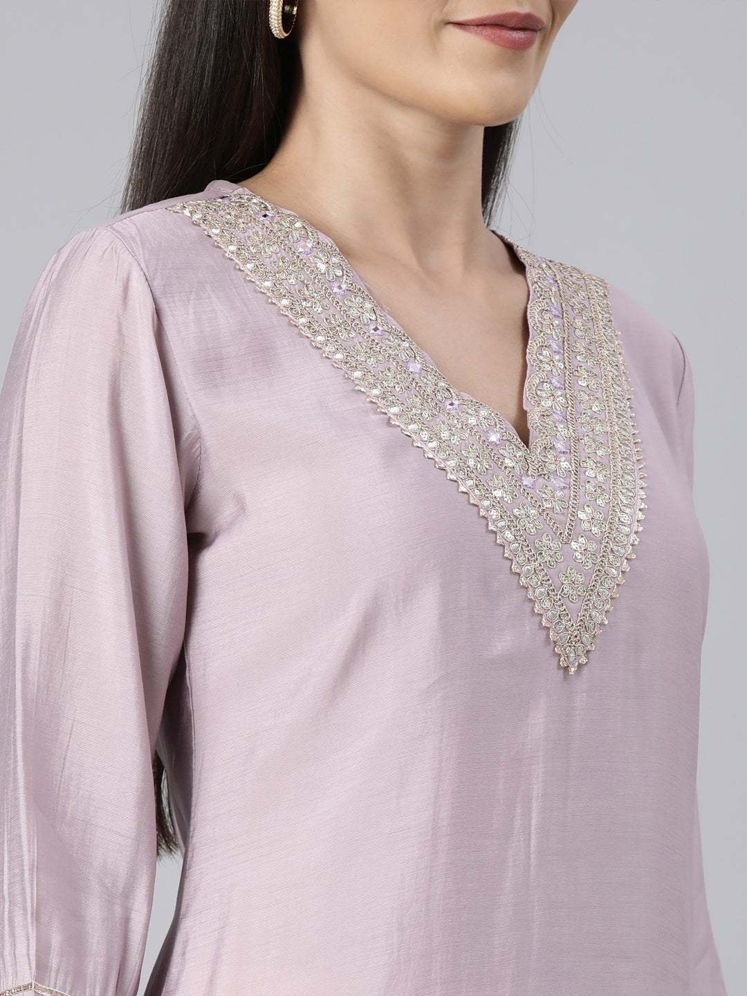 Neerus Purple raw silk solid straight kurti - detail view 1