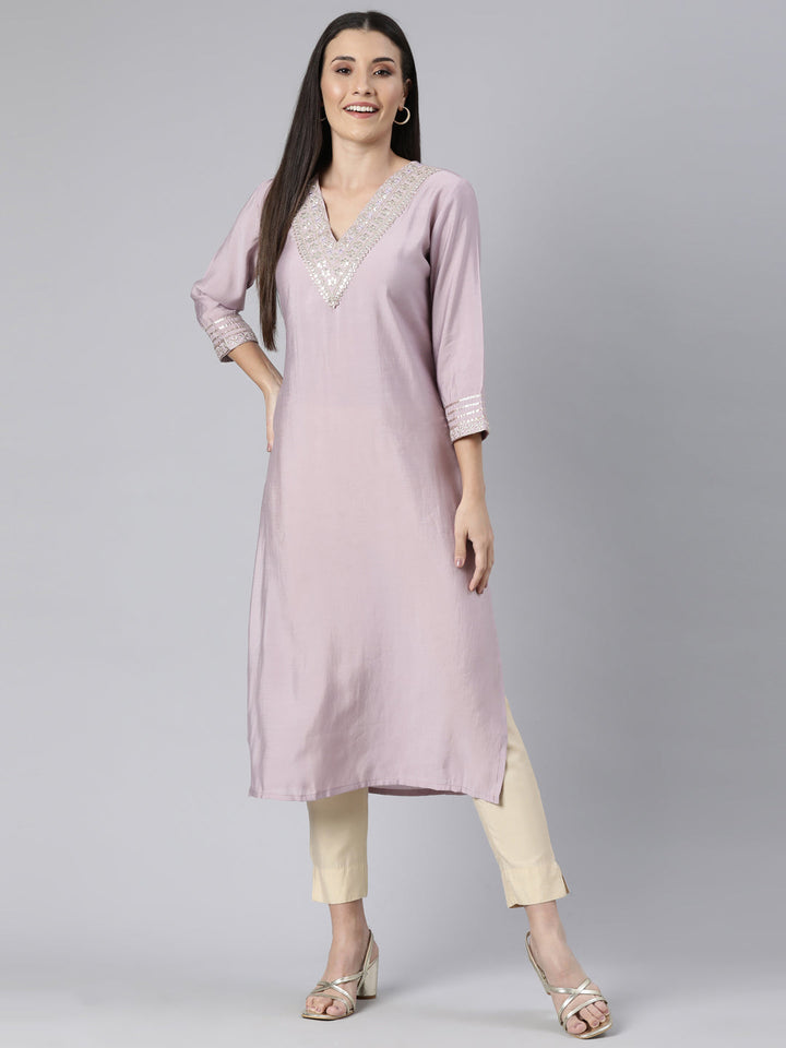 Neerus Purple raw silk solid straight kurti - detail view 2