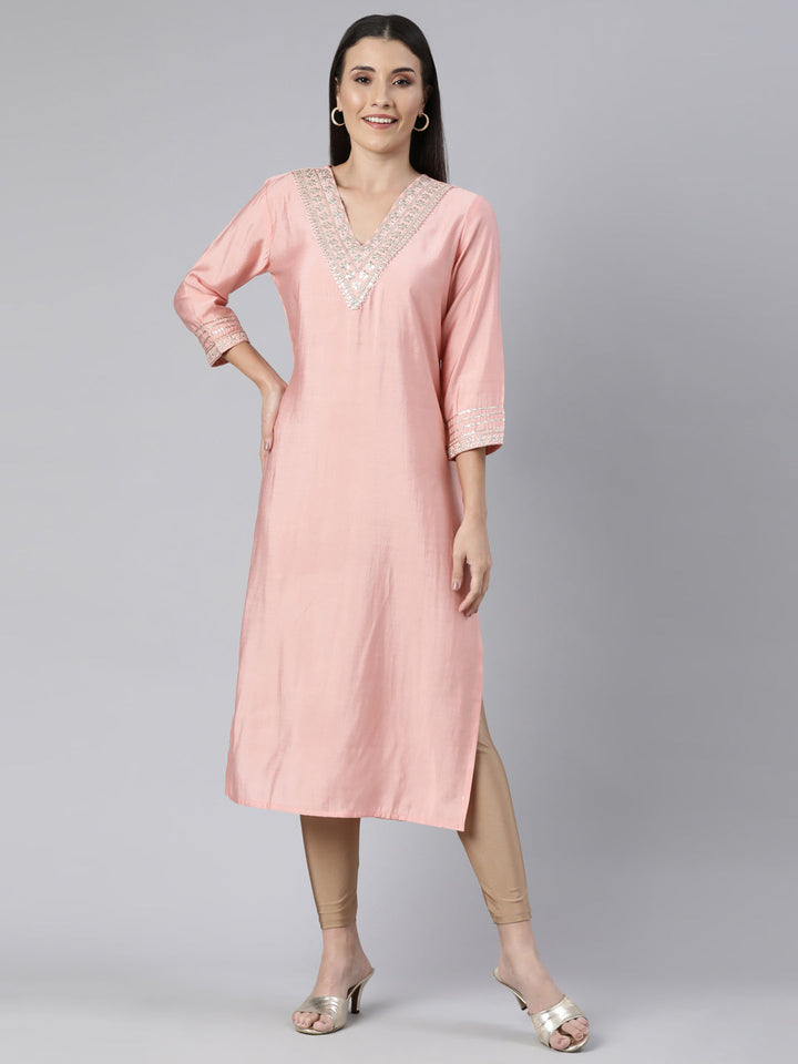 Neerus Orange solid straight kurti - front view