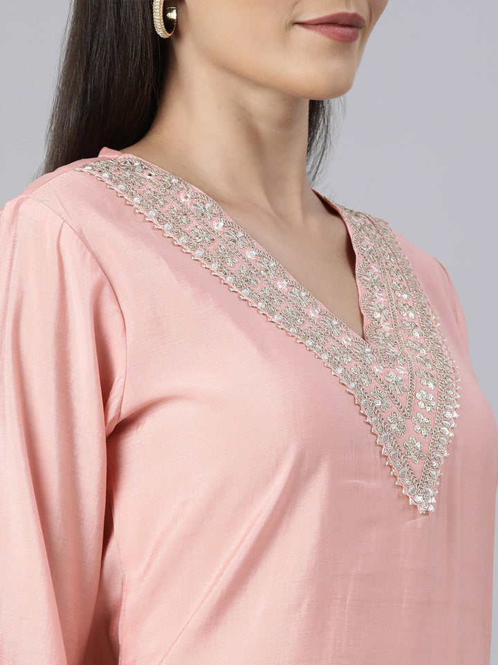 Neerus Orange solid straight kurti - detail view 1