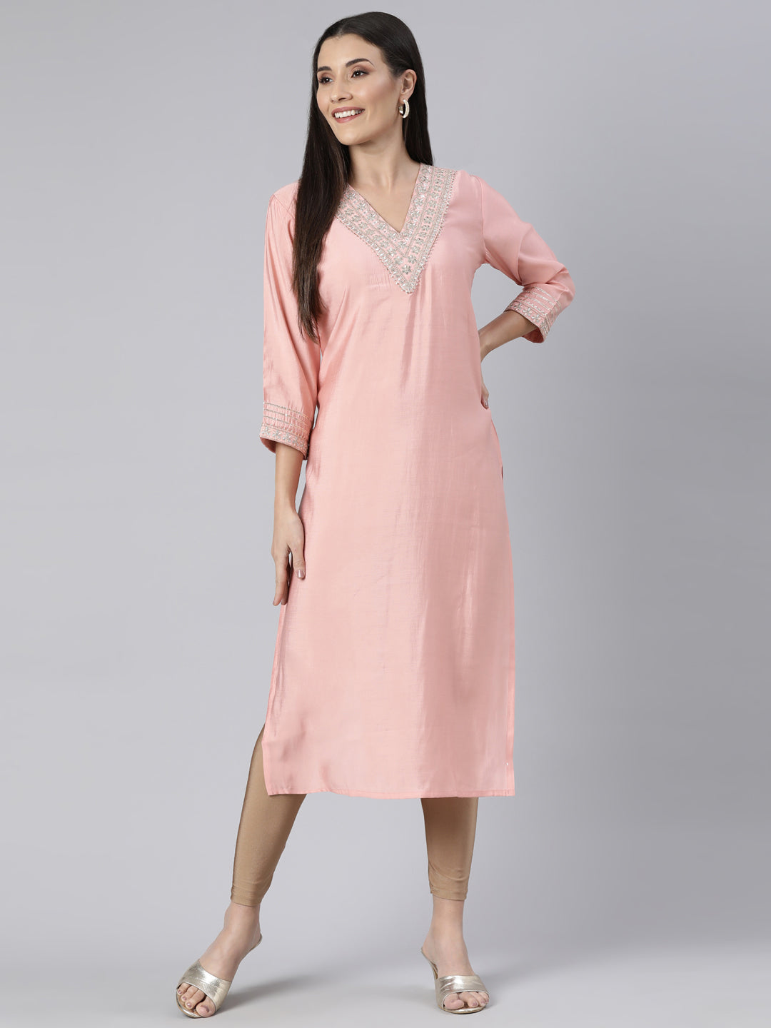 Neerus Orange solid straight kurti - detail view 2