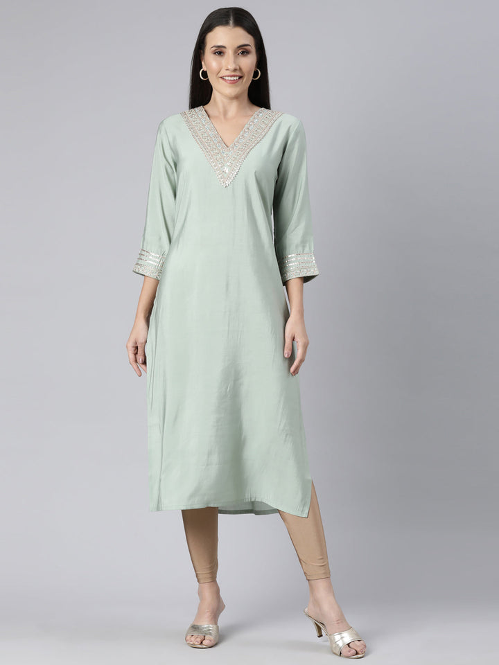 Neerus Green solid straight kurti for women - front view