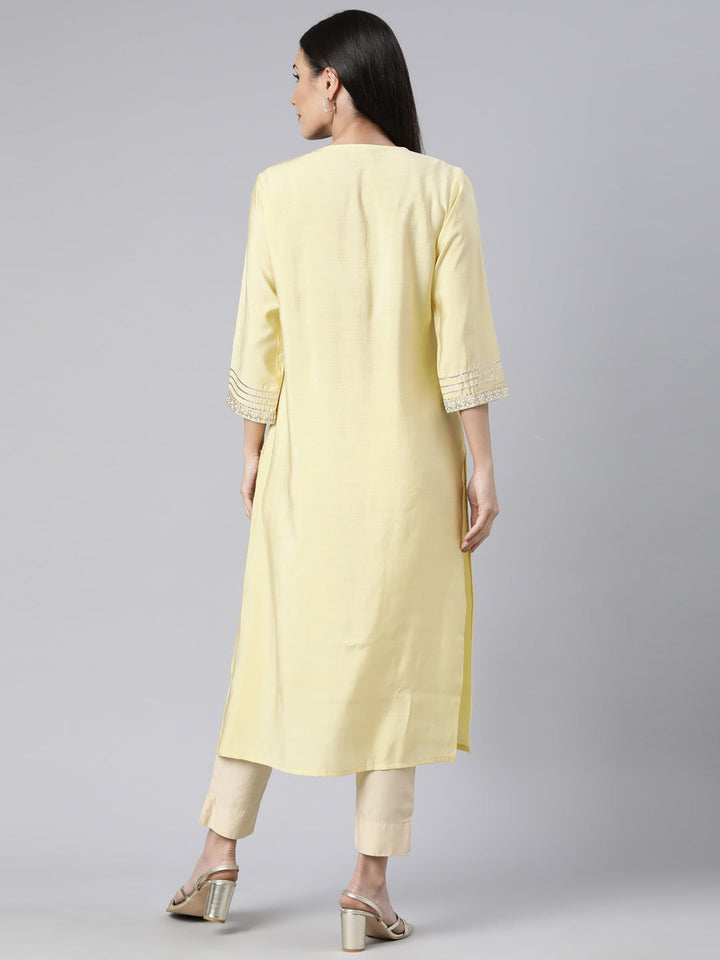 Neerus Yellow solid straight kurti - side view