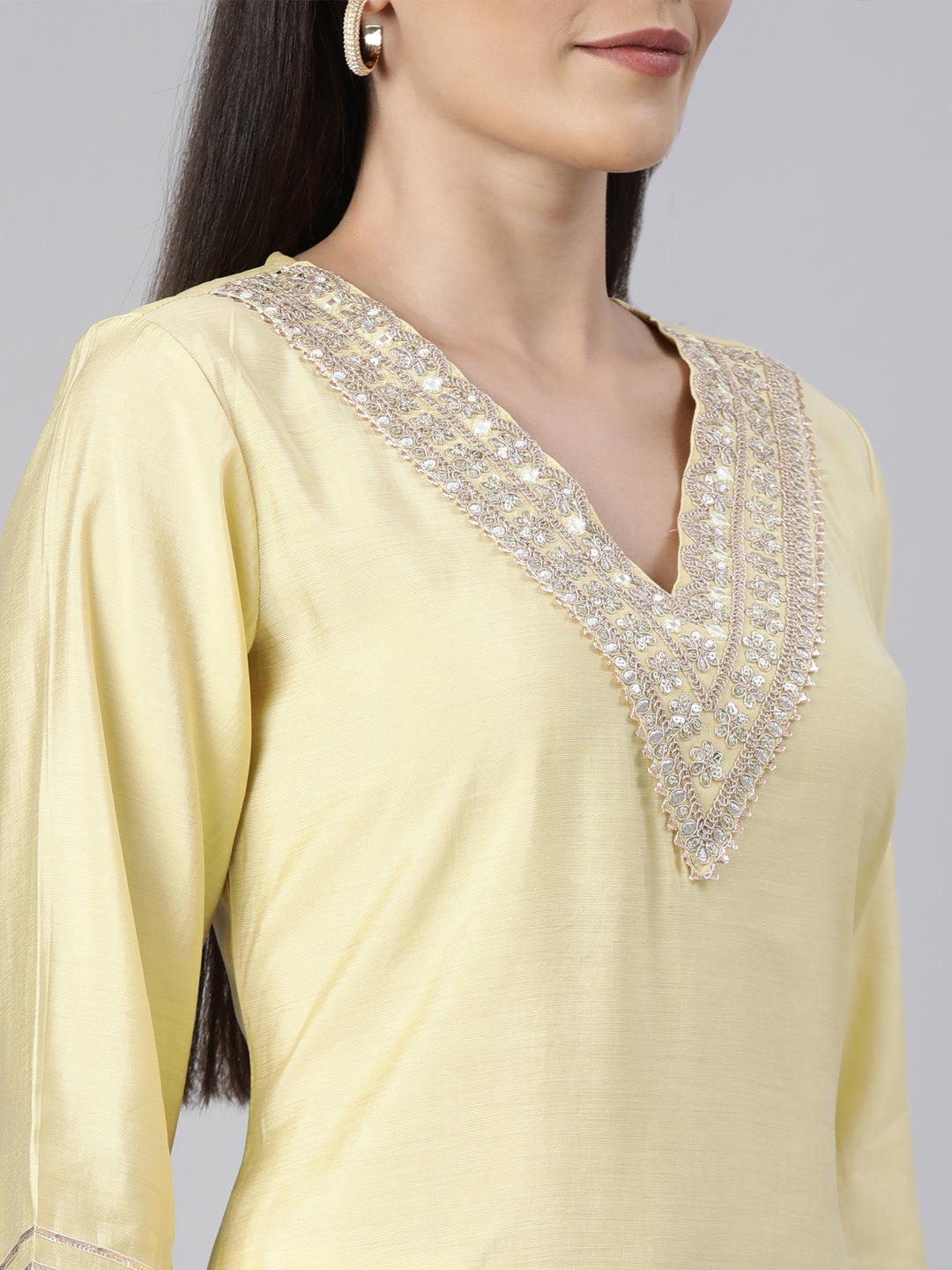 Neerus Yellow solid straight kurti - detail view 1