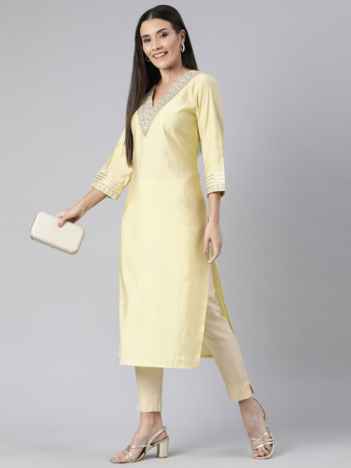 Neerus Yellow solid straight kurti - detail view 2