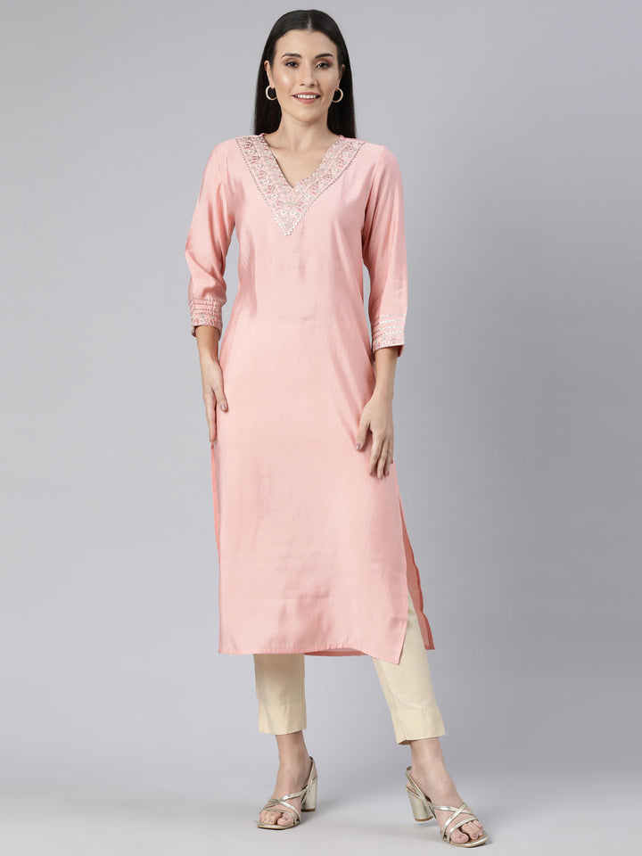 Neerus Orange solid straight kurti - front view