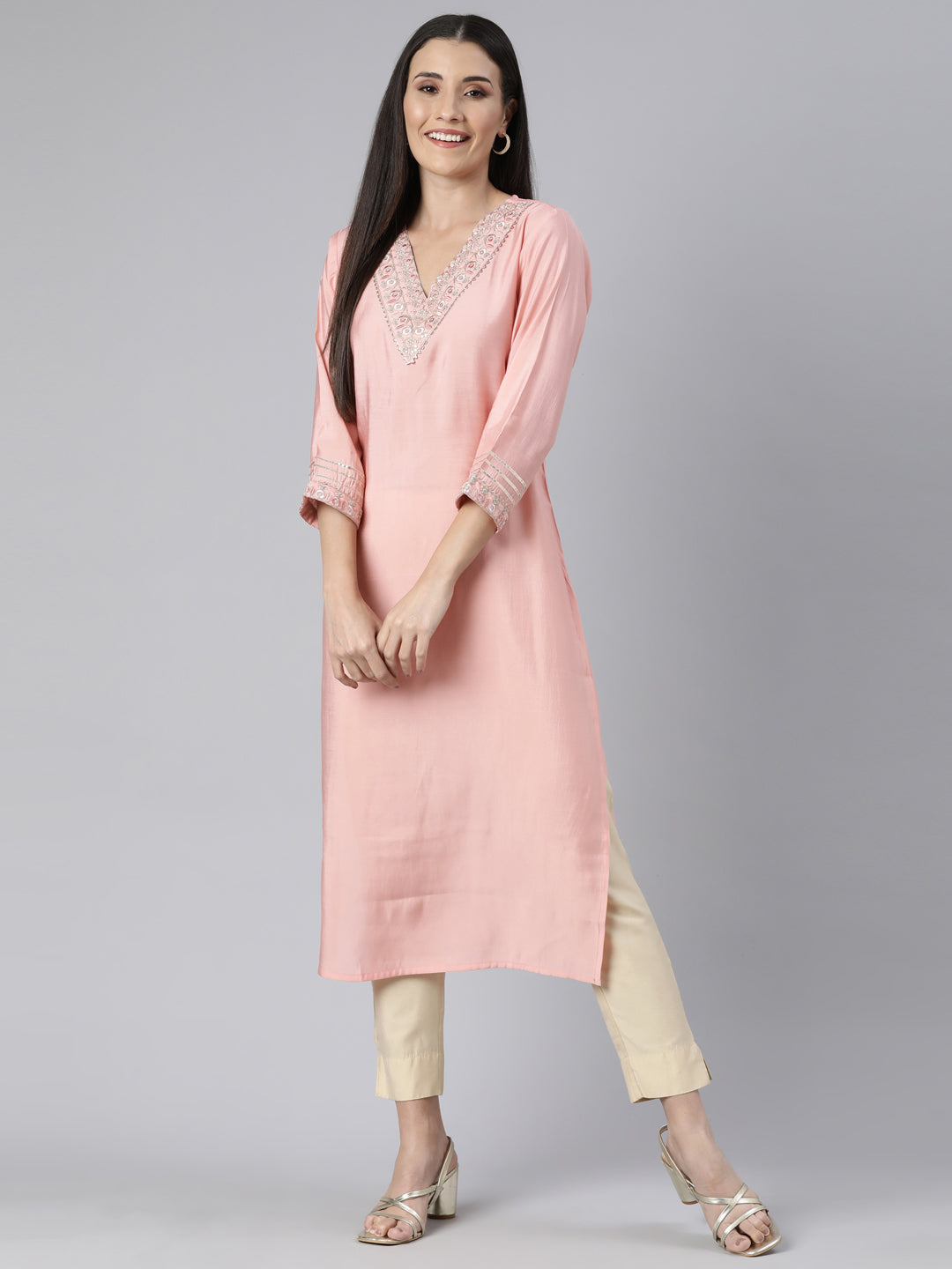 Neerus Orange solid straight kurti - detail view 2
