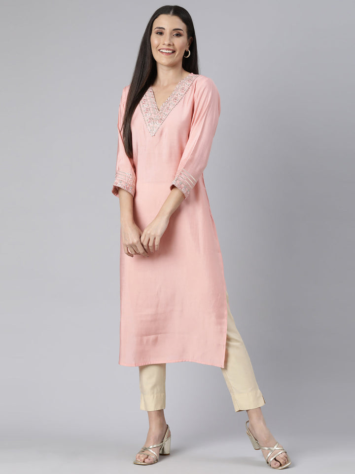 Neerus Orange solid straight kurti - detail view 2