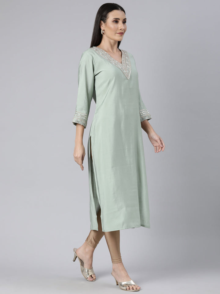 Neerus Green raw silk solid straight kurti - back view