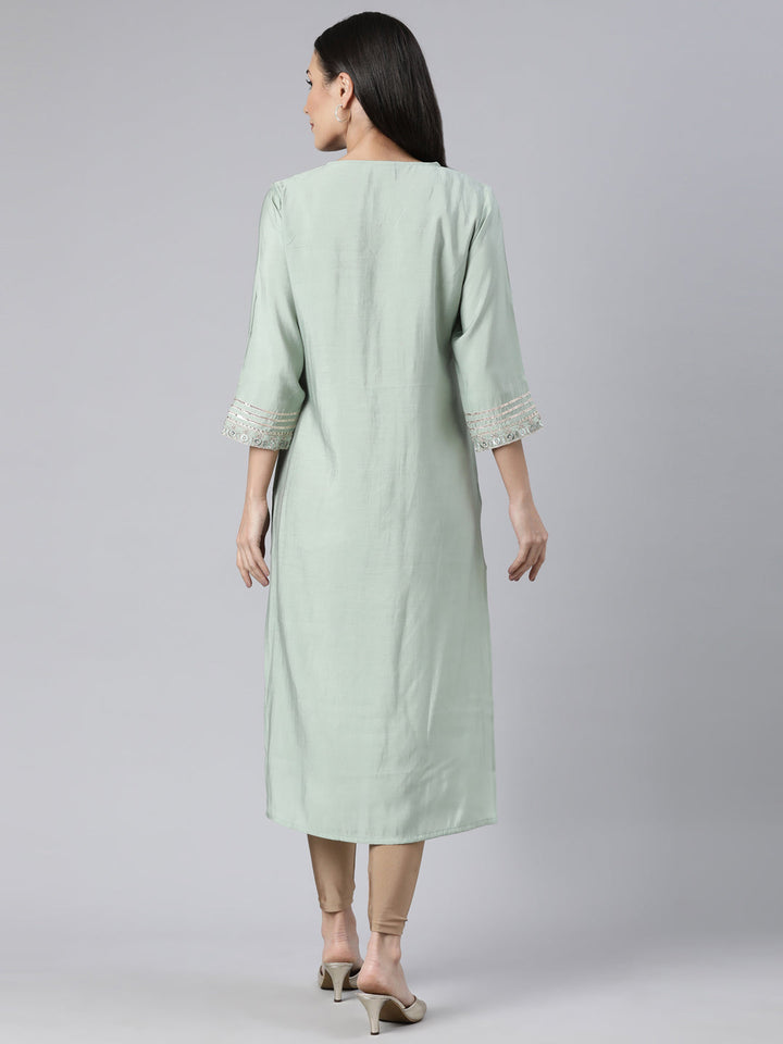 Neerus Green raw silk solid straight kurti - side view