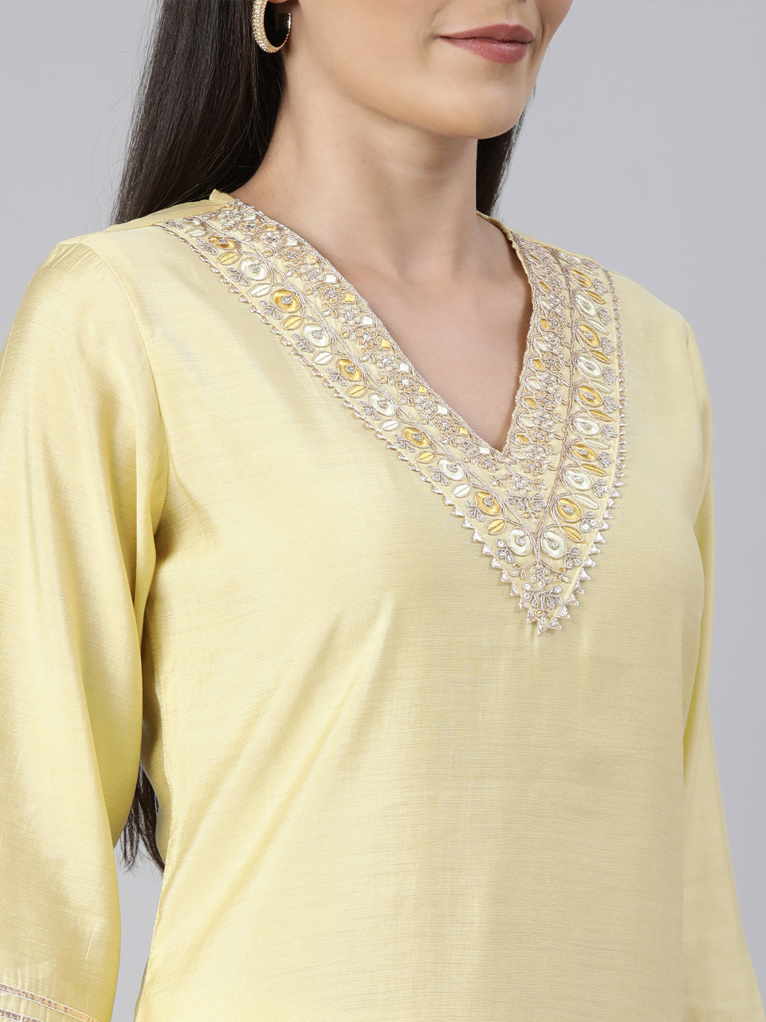 Neerus Yellow cotton solid straight kurti - detail view 1