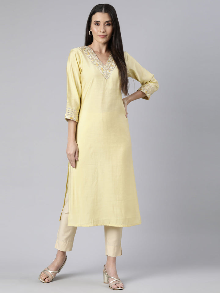 Neerus Yellow cotton solid straight kurti - detail view 2