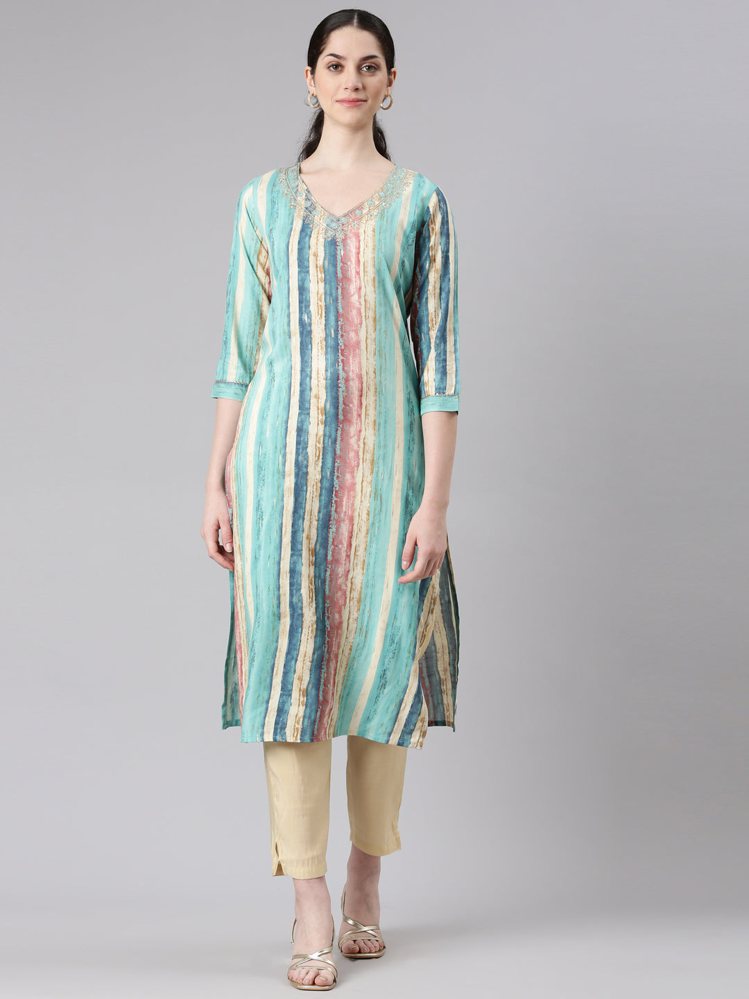 Neerus Green rayon striped printed straight kurti - front view