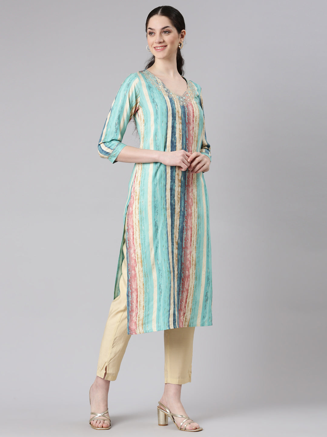 Neerus Green rayon striped printed straight kurti - back view